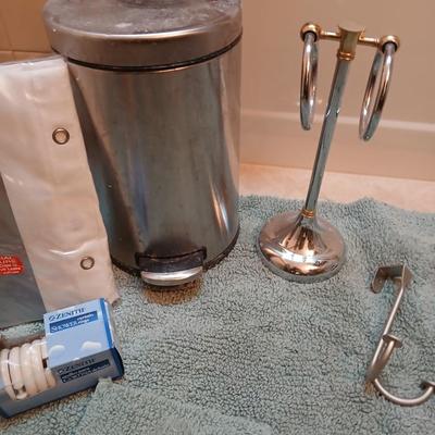 Bath rugs small trash can and towel rack with brand new shower curtain liner