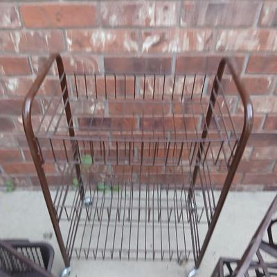 Small two shelf organizer basket with brown crates and storage containers
