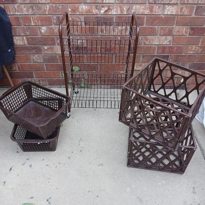 Small two shelf organizer basket with brown crates and storage containers