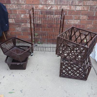 Small two shelf organizer basket with brown crates and storage containers