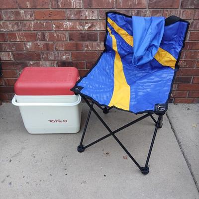 Folding chair with storage bag and a nice small cooler with re-usable ice packs