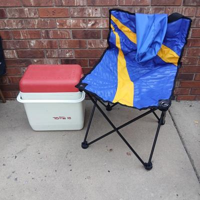 Folding chair with storage bag and a nice small cooler with re-usable ice packs