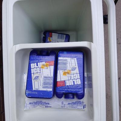 Folding chair with storage bag and a nice small cooler with re-usable ice packs