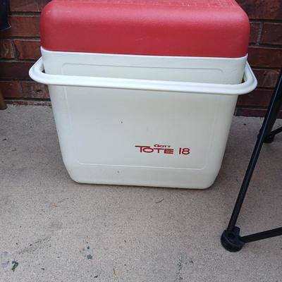 Folding chair with storage bag and a nice small cooler with re-usable ice packs