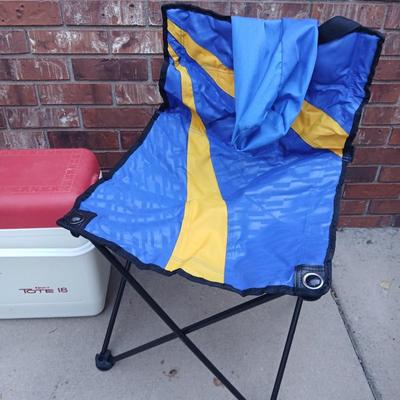 Folding chair with storage bag and a nice small cooler with re-usable ice packs