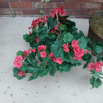 Faux houseplants 6' Ficus tree and red flowers in a basket