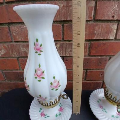 Two beautiful Milk Glass Hurricane Lamps with Pink Roses