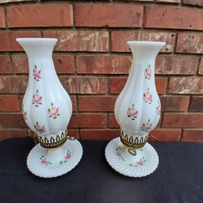 Two beautiful Milk Glass Hurricane Lamps with Pink Roses
