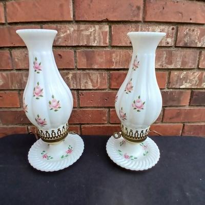 Two beautiful Milk Glass Hurricane Lamps with Pink Roses