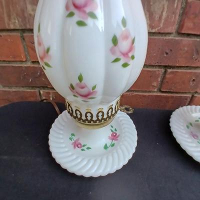 Two beautiful Milk Glass Hurricane Lamps with Pink Roses