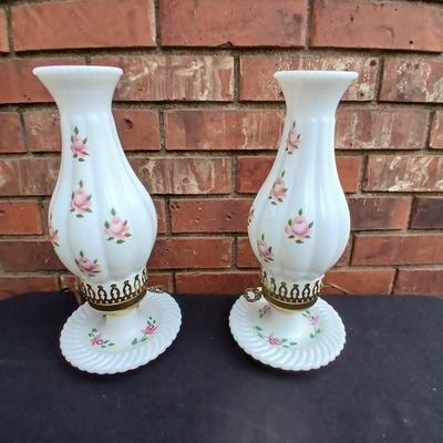 Two beautiful Milk Glass Hurricane Lamps with Pink Roses