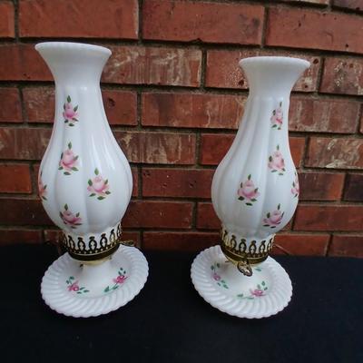 Two beautiful Milk Glass Hurricane Lamps with Pink Roses