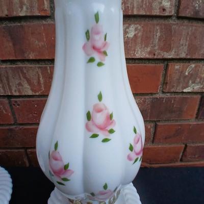 Two beautiful Milk Glass Hurricane Lamps with Pink Roses