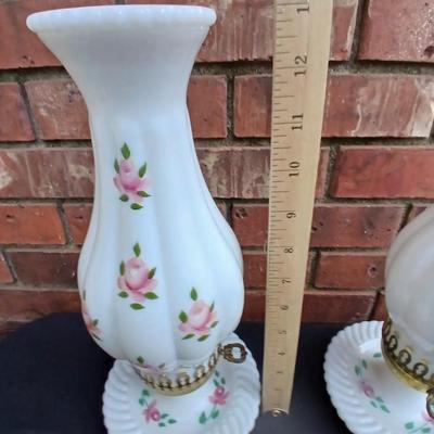 Two beautiful Milk Glass Hurricane Lamps with Pink Roses