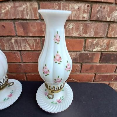Two beautiful Milk Glass Hurricane Lamps with Pink Roses