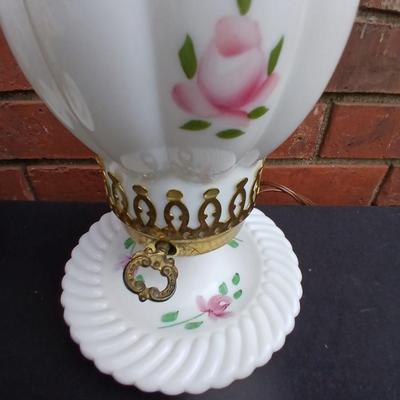 Two beautiful Milk Glass Hurricane Lamps with Pink Roses