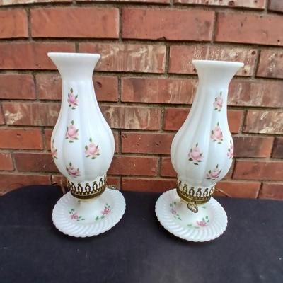 Two beautiful Milk Glass Hurricane Lamps with Pink Roses