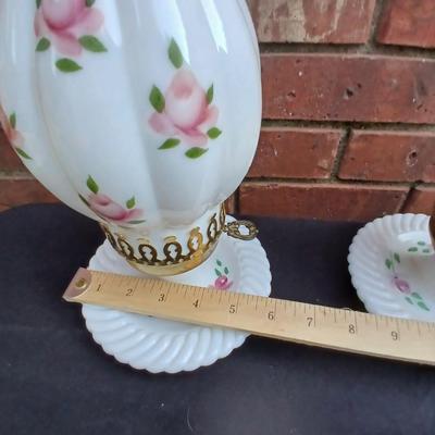 Two beautiful Milk Glass Hurricane Lamps with Pink Roses
