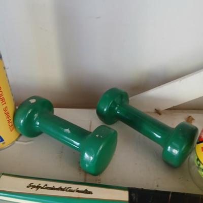 Tennis Raquet, tennis balls and a pair of hand weights
