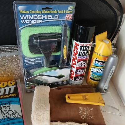 Automotive chemicals and cleaning set with a bucket, sunshades and license plate frames