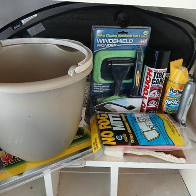 Automotive chemicals and cleaning set with a bucket, sunshades and license plate frames
