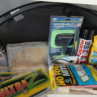 Automotive chemicals and cleaning set with a bucket, sunshades and license plate frames