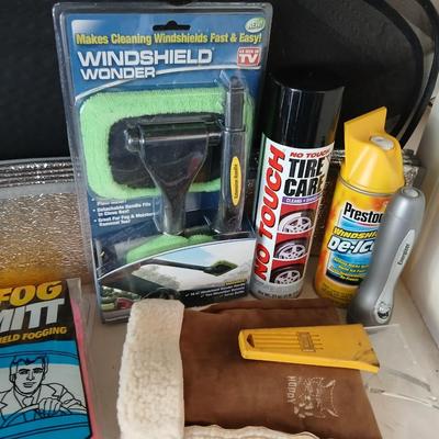 Automotive chemicals and cleaning set with a bucket, sunshades and license plate frames