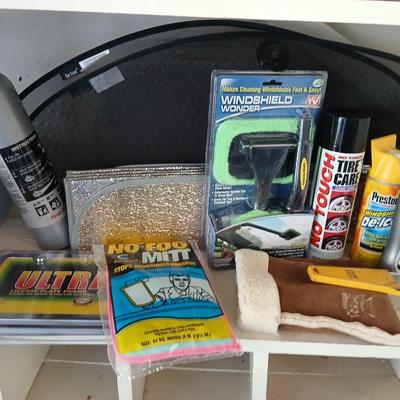 Automotive chemicals and cleaning set with a bucket, sunshades and license plate frames