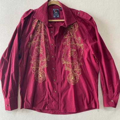 Cezer maroon w/gold embroidery long sleeve button up shirt. 3XL