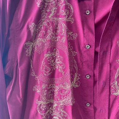Cezer maroon w/gold embroidery long sleeve button up shirt. 3XL