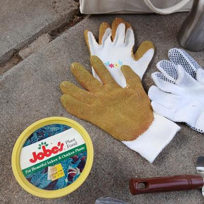 Gardening hand tools, gloves, tarp with a canvas bag and more