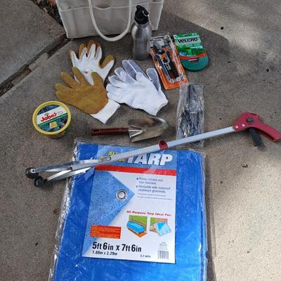 Gardening hand tools, gloves, tarp with a canvas bag and more