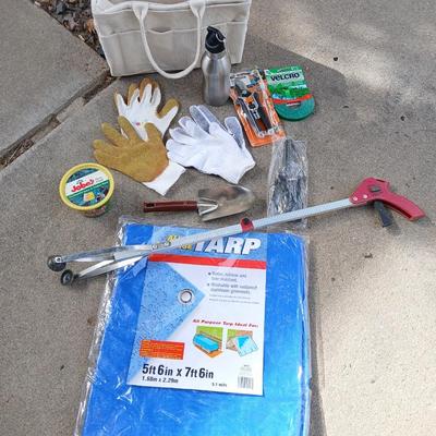 Gardening hand tools, gloves, tarp with a canvas bag and more