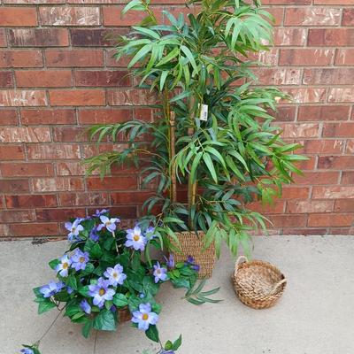Faux Bamboo in basket with faux purple flowers