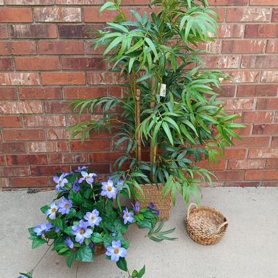 Faux Bamboo in basket with faux purple flowers
