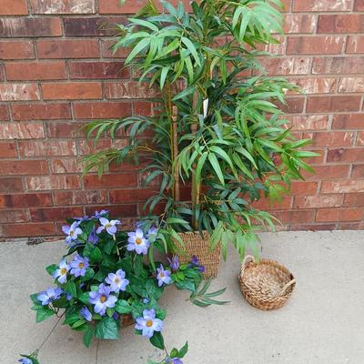 Faux Bamboo in basket with faux purple flowers