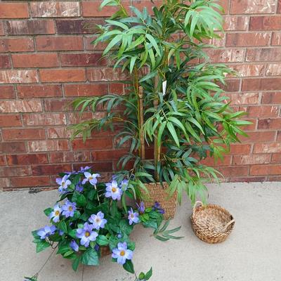 Faux Bamboo in basket with faux purple flowers