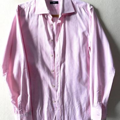 Hugo Boss pink and white stripe button up long sleeve shirt. 16-1/2 34/35