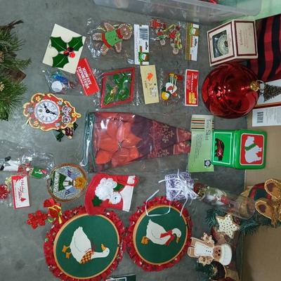 Faux 6' pre lit Christmas tree Spencer pine with decorations and other Christmas ornaments