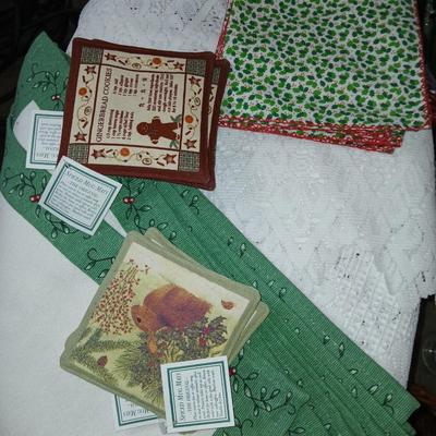 Christmas Kitchen needs, linens, dishware, and tins