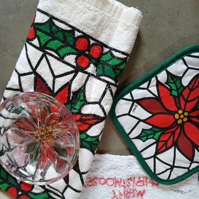 Christmas Kitchen needs, linens, dishware, and tins