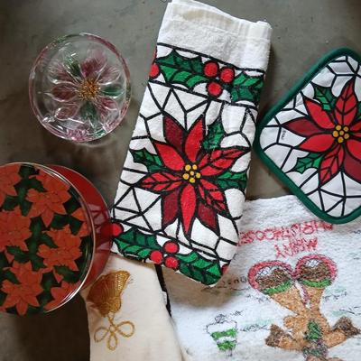 Christmas Kitchen needs, linens, dishware, and tins