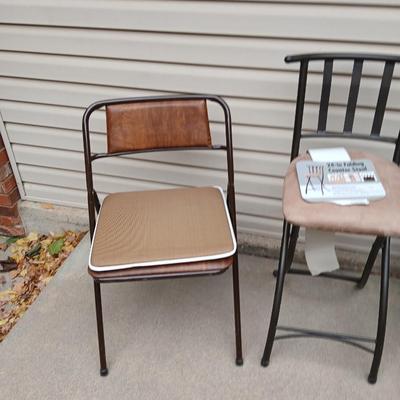 Two folding chairs with pads and a new folding bar stool
