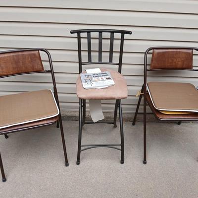 Two folding chairs with pads and a new folding bar stool