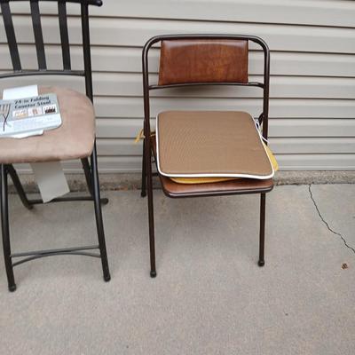 Two folding chairs with pads and a new folding bar stool