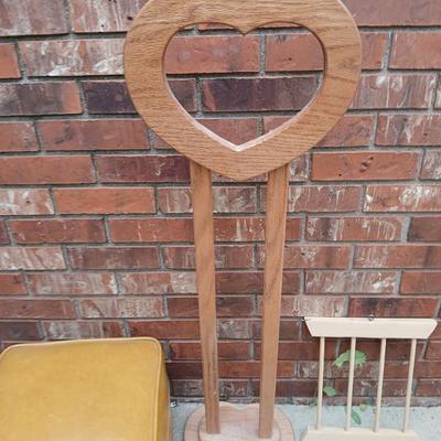 Oak heart rack, large footstool, and two wooden racks