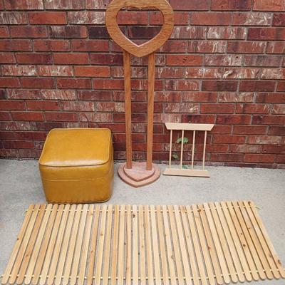 Oak heart rack, large footstool, and two wooden racks
