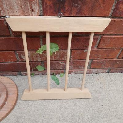 Oak heart rack, large footstool, and two wooden racks