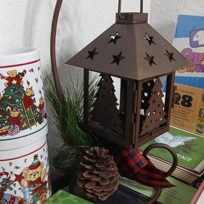 Christmas decorations metal pinecone lantern, mugs, candles, cards, vintage stained glass ornament kit and more