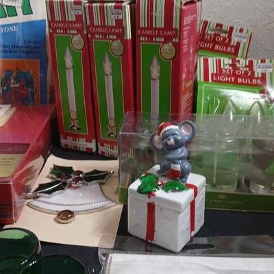 Christmas decorations metal pinecone lantern, mugs, candles, cards, vintage stained glass ornament kit and more